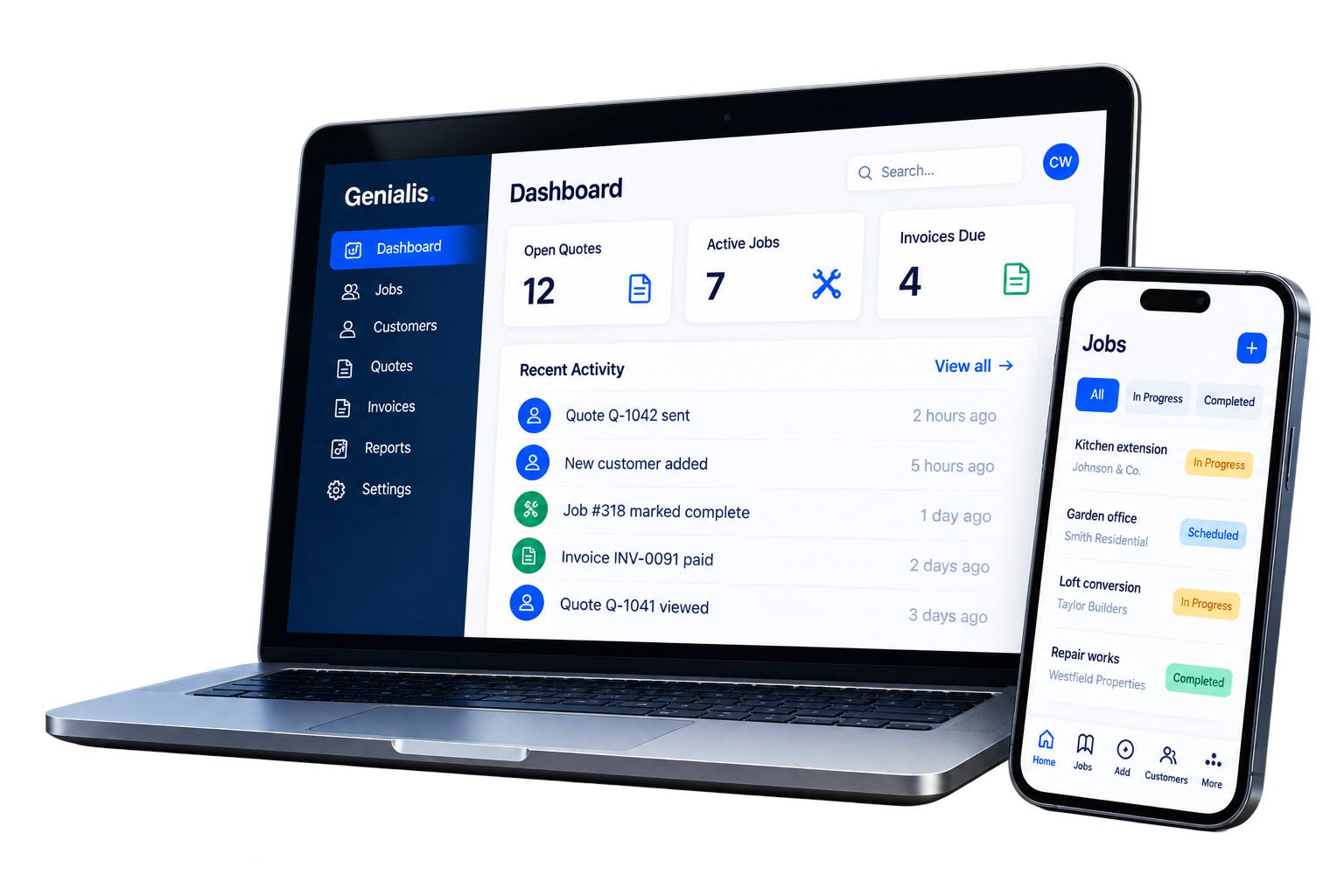 Illustrative laptop dashboard and mobile job-management screen for a fictional business